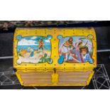 A Child's Tin Plate Toy Box, bright yellow with pirate themes. Riveted construction. Measures 17.