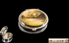 Silver Pill Box. Silver Pill Box with Signed Mountain Scene to Top.