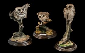 Three Country Artists Porcelain Owls, comprising an Owl on a tree stump,