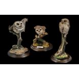 Three Country Artists Porcelain Owls, comprising an Owl on a tree stump,