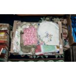Box of Vintage Table Linen, together with crochet and tapestry items, tablecloths, antimacassars,