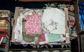 Box of Vintage Table Linen, together with crochet and tapestry items, tablecloths, antimacassars,