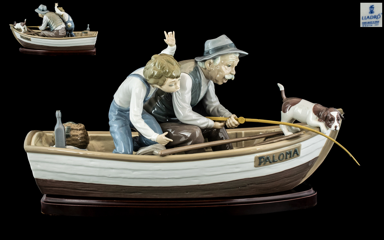 Lladro - Superb Large and Impressive Hand Painted Porcelain Figure ' Fishing With Gramps ' with