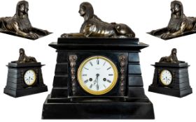 French 19th Century Egyptian Revival Black Marble - Impressive 8 Day Striking Mantel Clock with