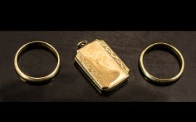 9ct Gold Locket ( Front and Back ) + 2 Yellow Metal Wedding Bands.