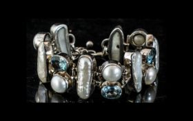 Blue Topaz Biwa Pearl & White Sterling Silver Bracelet, 25 cts in total. Please See Photo. With Box.