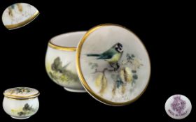 Royal Worcester Rouge Miniature Lidded Pot, with bird painting to lid.