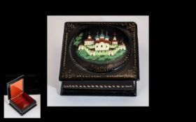 Russian Antique Lacquered Box. Russian Box Hand Painted Decoration. 2.5 by 2.5 Inches.