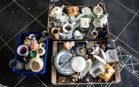 Large Quantity of Bric a Brac in four boxes, comprising pottery, glass and porcelain items, teapots,