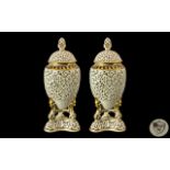 Royal Worcester Grainger & Co Worcester Superb Pair of Covered Cream Reticulated Vases,