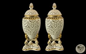 Royal Worcester Grainger & Co Worcester Superb Pair of Covered Cream Reticulated Vases,