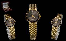 Rotary - Ladies Gold Tone Steel Diamond Set Wrist Watch With Black Dial and Gold Markers. Diamond