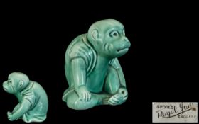 Spodes - Royal Jade Monkey Figure Wearing a Robe In a Seated Position. c.1930's. Height 4.