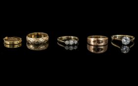 Collection of Four 9ct Gold Dress Rings & Locket, comprising an engraved gold band,