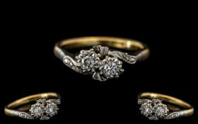 18ct Gold Platinum Attractive Two Stone Diamond Set Ring,