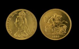 Queen Victoria 22ct Gold Five Pound Jubilee Head Coin - Date 1887.