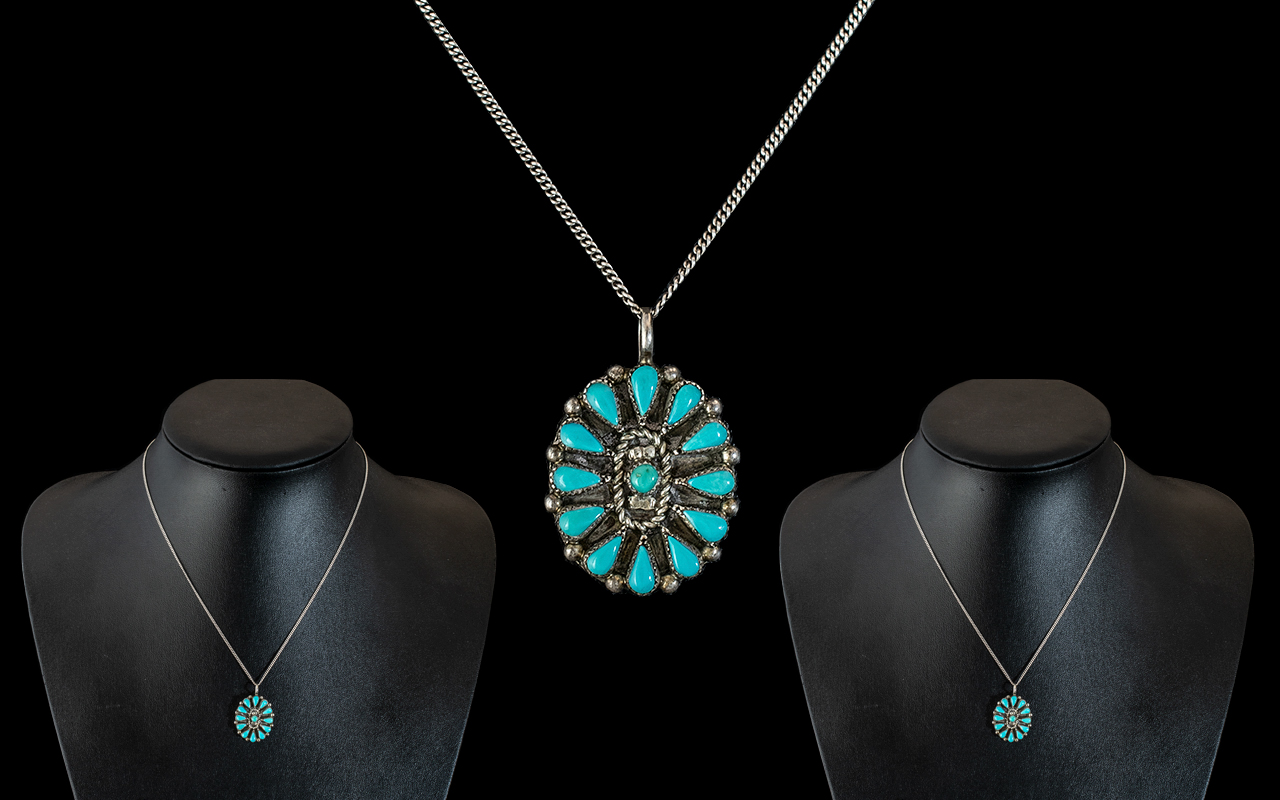 Sterling Silver Turquoise Set Oval Shaped Pendant and Chain. Marked for Sterling Silver.