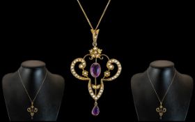 Victorian Period Superb 9ct Gold Amethyst and Seed Pearl Set Ornate Pendant Drop.