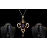 Victorian Period Superb 9ct Gold Amethyst and Seed Pearl Set Ornate Pendant Drop.