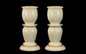19th Century - Fine Quality Carved Pair of Solid Ivory Candlesticks with Detachable Round Bases,