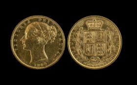 Queen Victoria 22ct Gold - Young Head Shield Back Full Sovereign - Date 1864.