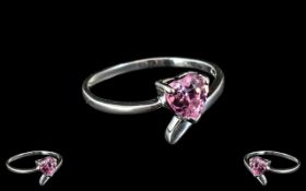 Ladies Silver and Heart Shaped Sparkly Pink Stone Ring. Heart Shaped Pink Stone, Approx 1 Ct, Set In