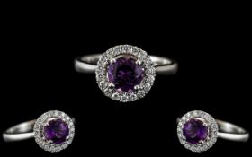 Platinum - Superb Diamond and Amethyst Set Cluster Ring, Flower head Setting.