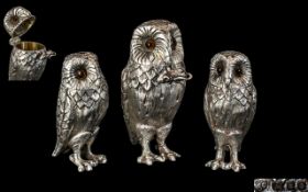 A Superb Quality Novelty Sterling Silver Figural ( 3 ) Piece ' Owl ' Cruet Set.