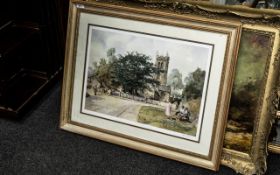 Framed Sturgeon Print, depicting a parish church scene with figures. Framed and glazed, overall size