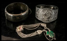 Victorian Silver Albertina with floral enamelled central panel and large Malachite fastener.