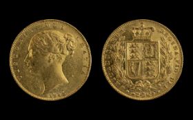 Queen Victoria 22ct Gold - Shield Back Young Head Full Sovereign - Date 1845.