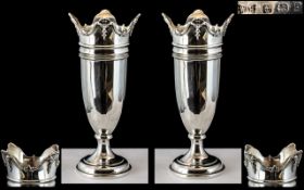 Walker & Hall Fine Pair of Sterling Silver Turret Topped / Castle Vases, Raised on Stepped Round