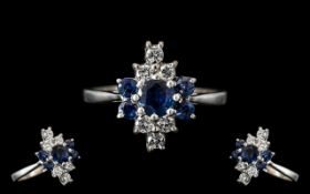 18ct White Gold - Superb Quality Diamond and Sapphire Set Ladies Dress Ring of Pleasing Design. Full