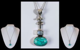 Turquoise and Stone Necklace Set In Silver.