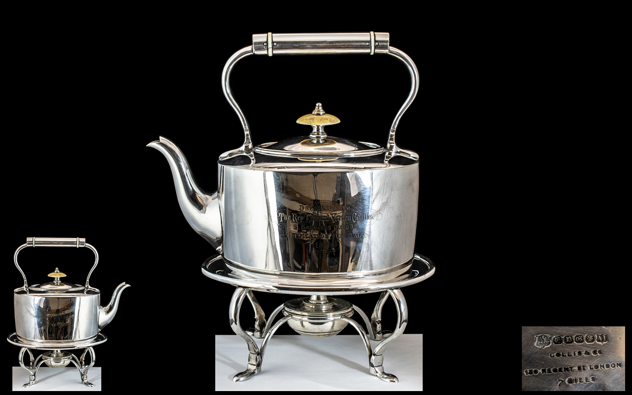Late Victorian Superb Silver Plated Solid & Heavy Spirit Kettle and Stand, by Collins & Co., London.