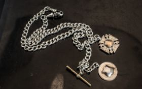 Victorian Period Sterling Silver Albert Watch Chains ( 2 ) With Attached Sterling Silver Medals /