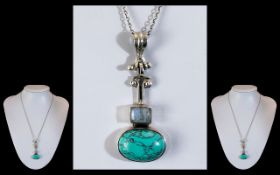 Turquoise and Stone Necklace Set In Silver. Large Pendant Set with Large Turquoise Stone and