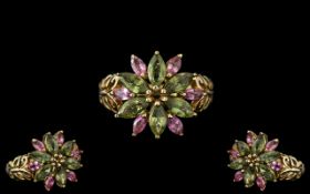 Ladies 9ct Gold - Attractive and Nice Quality Peridot and Amethyst Set Cluster Ring, Flower head