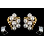 Ladies 18ct Yellow Gold - Attractive Pair of Diamond and Pearl Set Earrings. Each Marked 750 - 18ct.