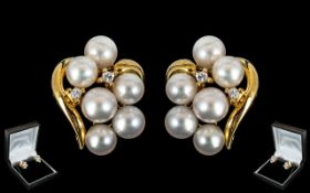 Ladies 18ct Yellow Gold - Attractive Pair of Diamond and Pearl Set Earrings. Each Marked 750 - 18ct.