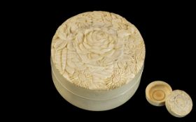 Antique Ivory Trinket Box. Highly Decorated Carved In Flower Design, Antique Ivory Box.