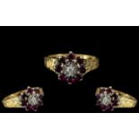 18ct Gold - Ladies Vintage Diamond and Rubies Set Ring, Flower head Design.