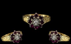 18ct Gold - Ladies Vintage Diamond and Rubies Set Ring, Flower head Design.