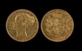 Queen Victoria 22ct Gold Shield Back - Young Head Full Sovereign. Date 1864, London Mint. Die No 62.