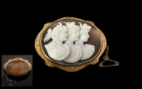 Antique Period - Attractive 9ct Gold Mounted Shell Cameo Brooch, Depicting The Three Graces,