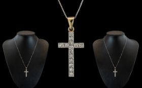 18ct Gold - Diamond Set Cross / Pendant - Attached to 18ct Gold Chain.