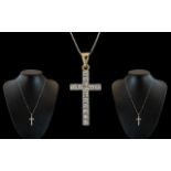 18ct Gold - Diamond Set Cross / Pendant - Attached to 18ct Gold Chain.
