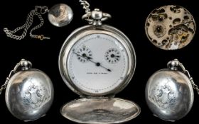 French 19th Century Double Dial - Full Hunter Key-Wind Silver Pocket Watch. With Sterling Silver