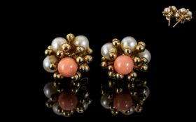 A Pair of 9ct Gold Coral and Pearl Stud Earrings