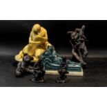 Collection of Four Resin Figures, comprising a warrior on horseback approx 12" tall, a teddy bear,